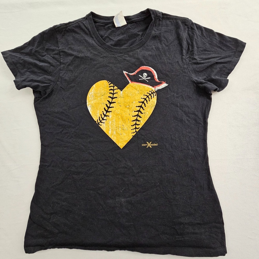 Seam Headed Baseball Heart Pirate Black Short Sleeve Cotton T-Shirt Women's L